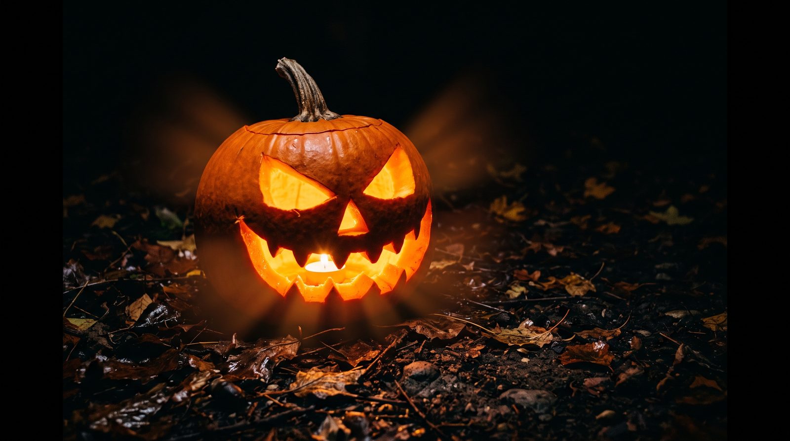 A carved jack-o'-lantern glowing in the dark
