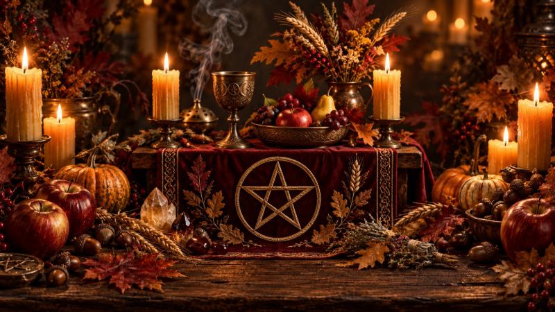 Mabon harvest altar with candles, autumn fruit and a pentacle cloth